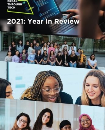 2021: Year in Review, overlaid on four different images of students working together, smiling